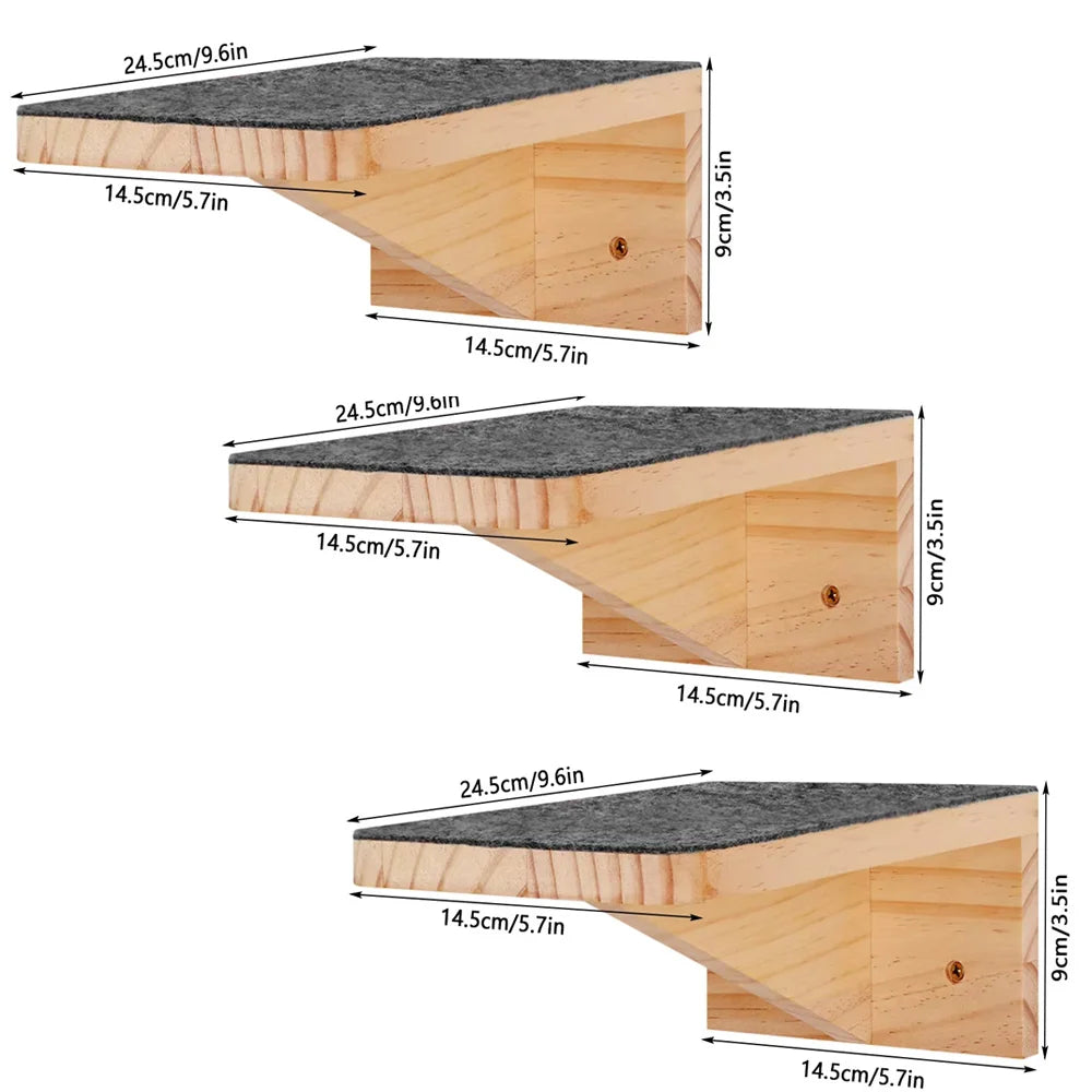 Wall-mounted cat shelves with dark gray cushion pads, angled view of three units