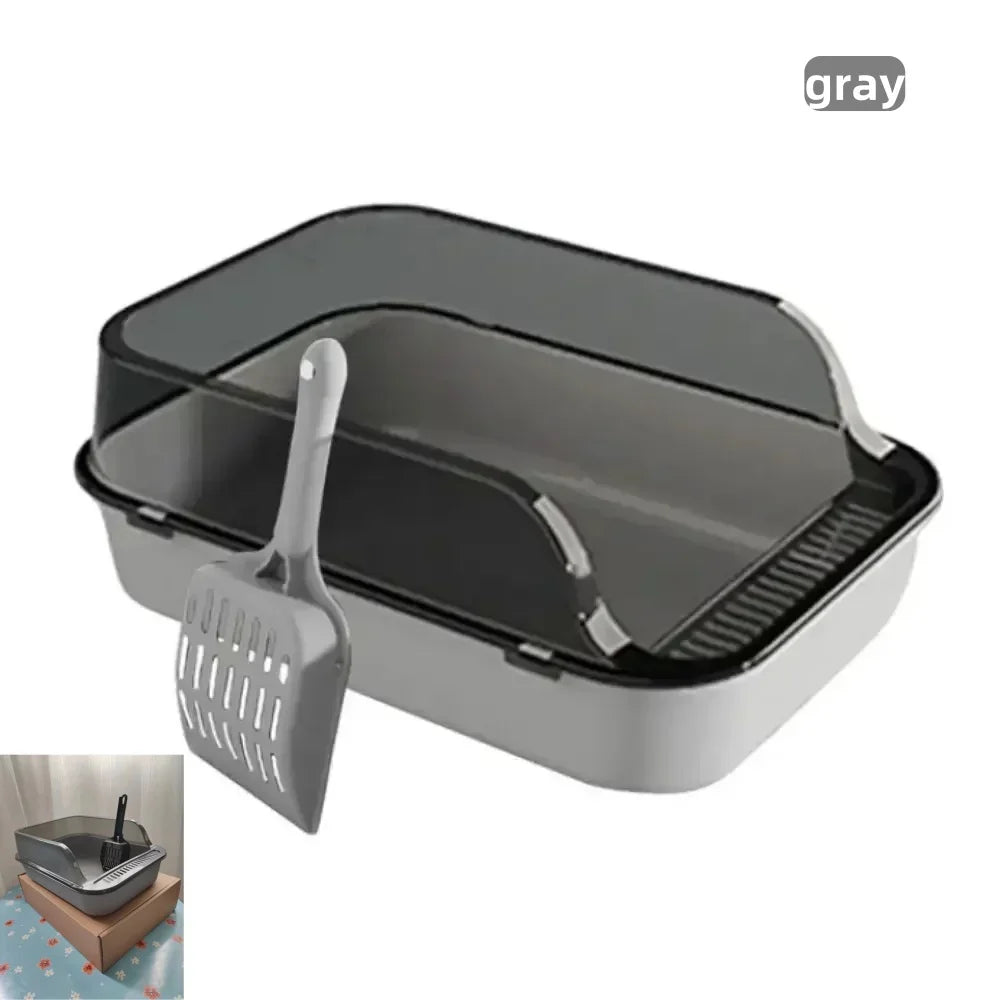 Semi-enclosed cat litter box set, gray with scoop and slotted rake tray
