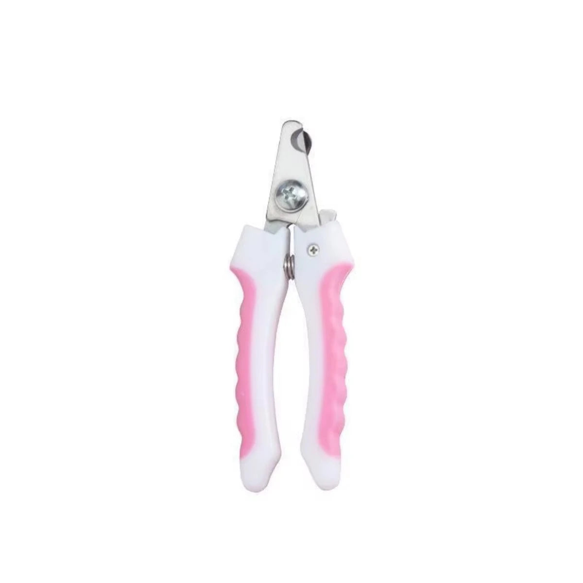Pet nail clippers with pink cushioned handles and stainless steel cutting head