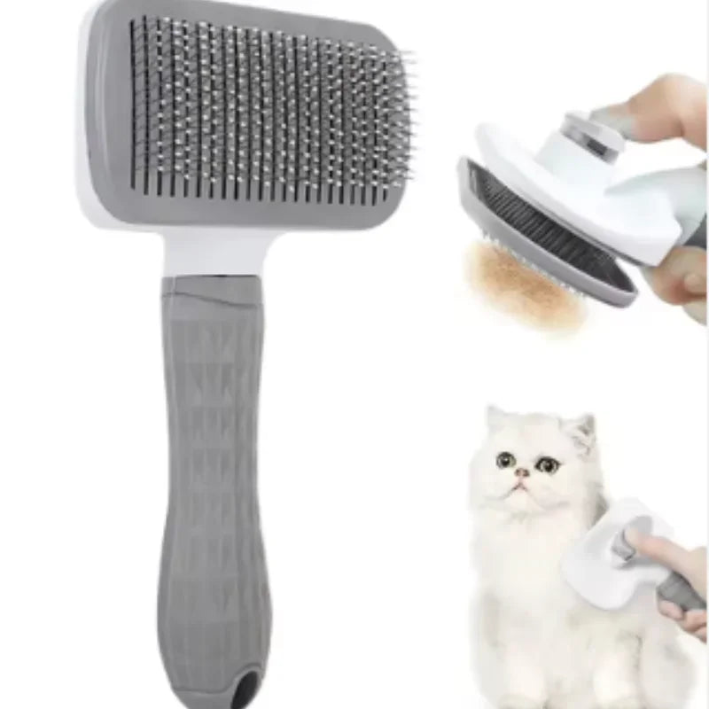 Gray pet grooming comb brush with metal pins and ergonomic handle