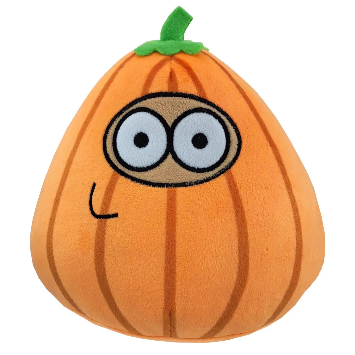 Orange pumpkin-style alien plush doll with green stem and large googly eyes