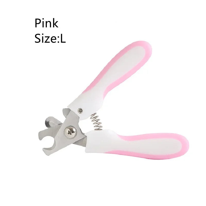 Pink pet nail trimmer, size L, with spring and curved cutting blades