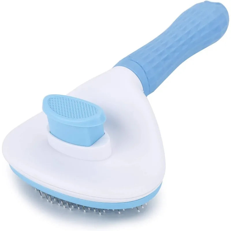 Self-cleaning pet hair remover brush with blue handle and light blue cleaning pad