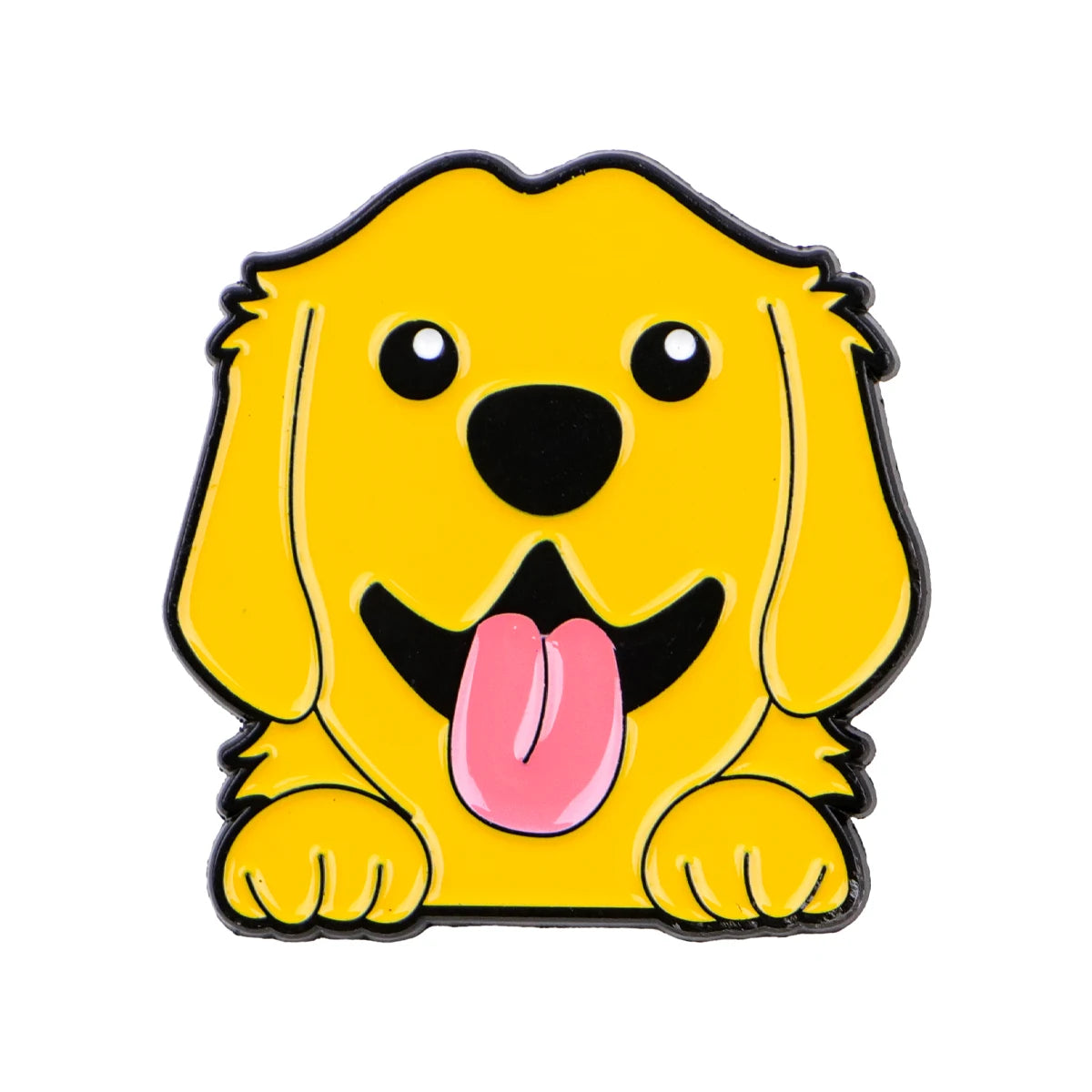 Playful cats & dogs enamel lapel pin of a yellow dog face with pink tongue