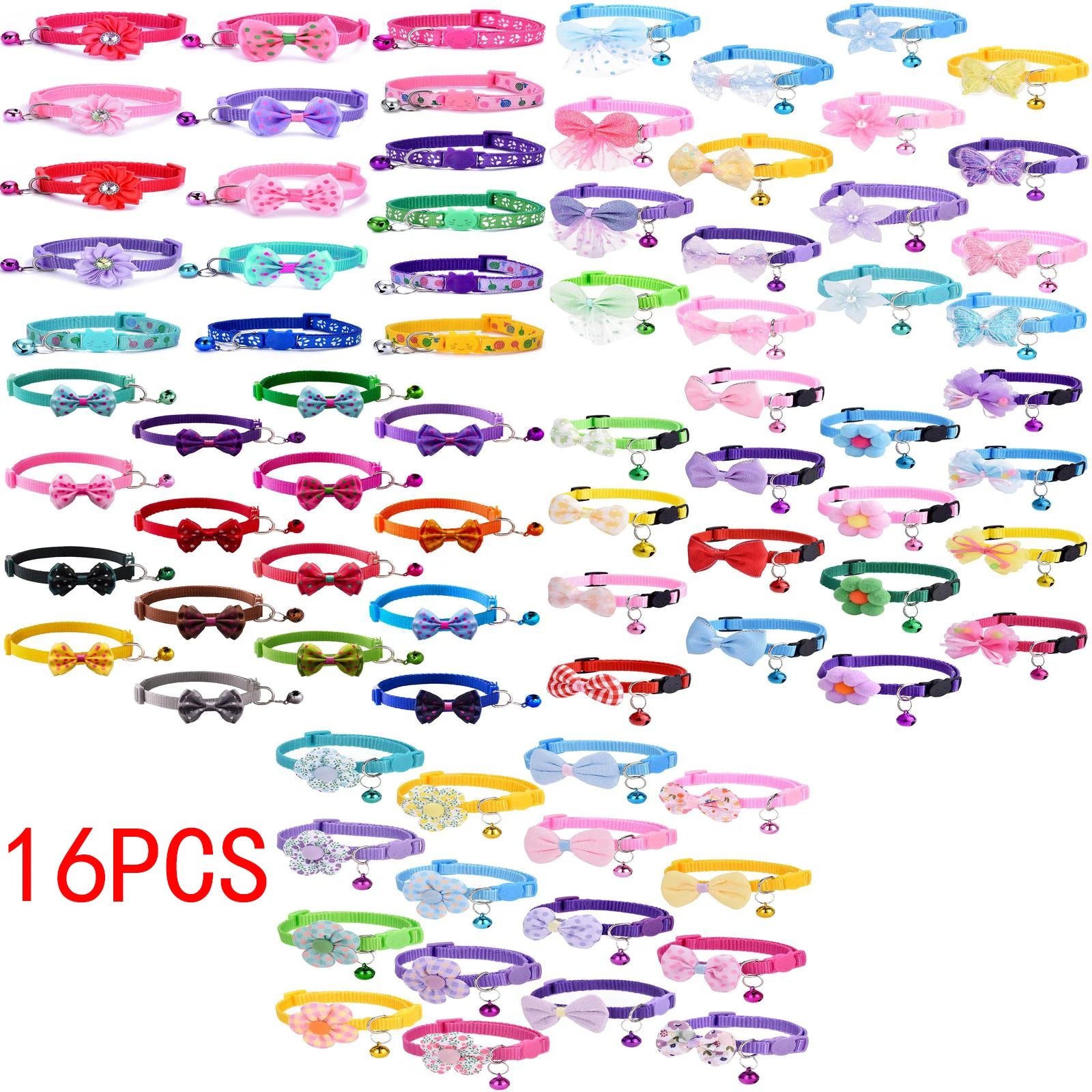 16Pcs Cute Cat Collars Bells Bow Design Kitten Girls Pack