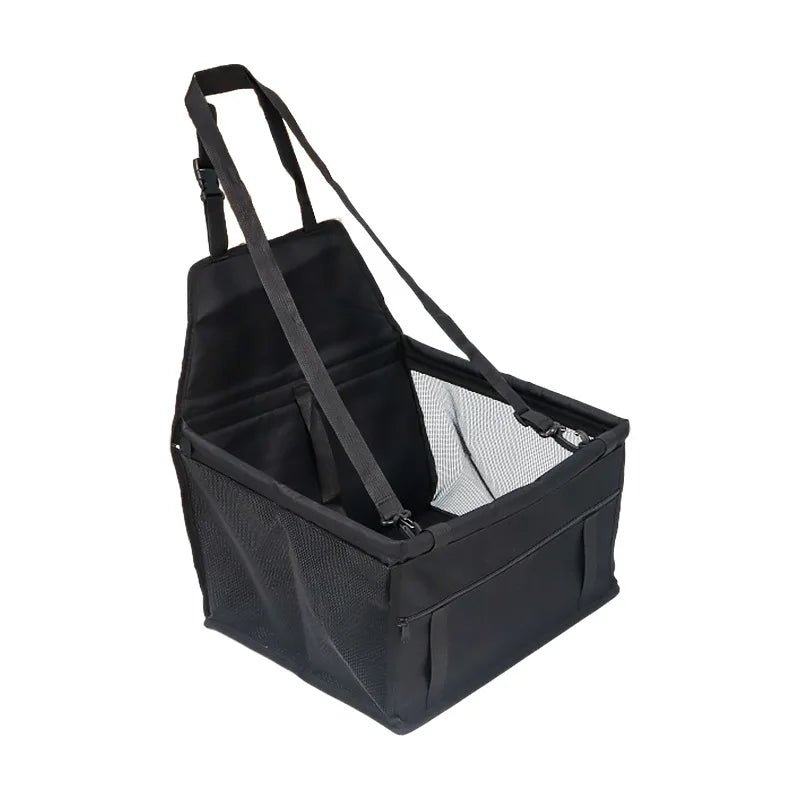 Black pet car seat cover hammock with mesh insert and reinforced top handle straps