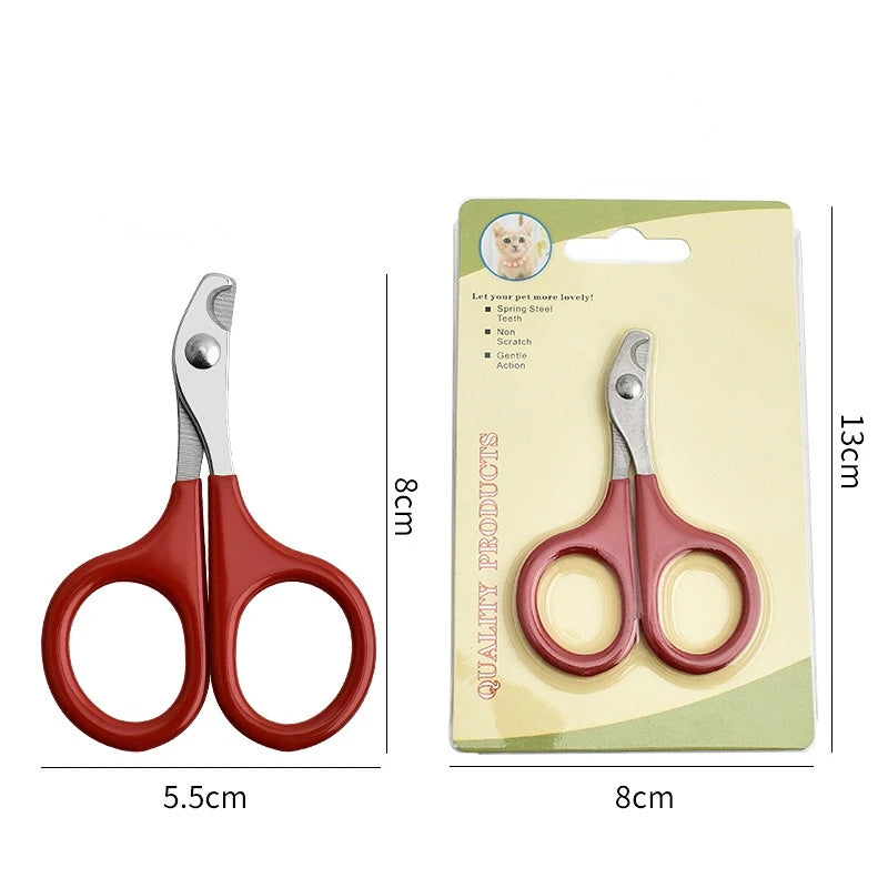 Pet nail clipper scissors with red handles and silver cutting blades