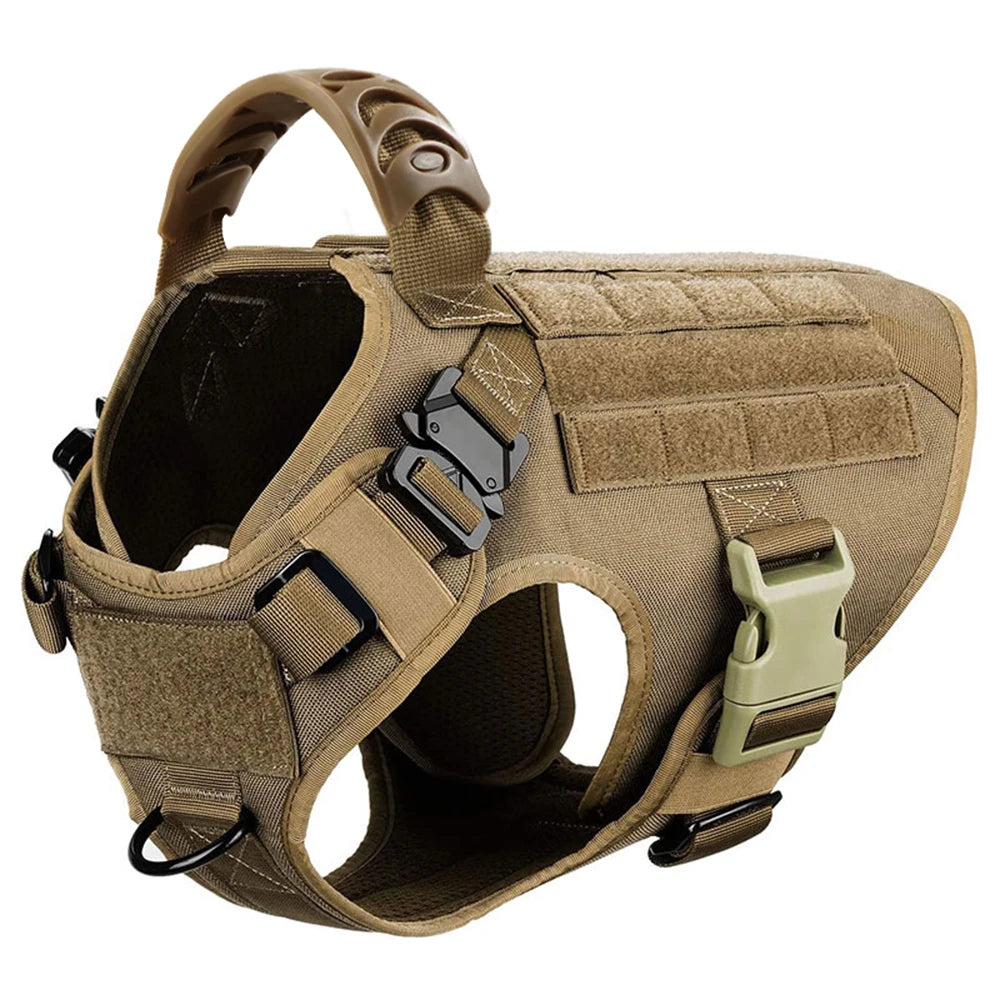 Brown dog training vest harness with padded panels and front metal buckle hardware