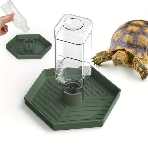 Automatic reptile water feeder with clear bottle and dark green base dish