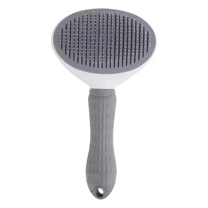 Gray pet hair removal comb brush with stainless-style pins on oval head
