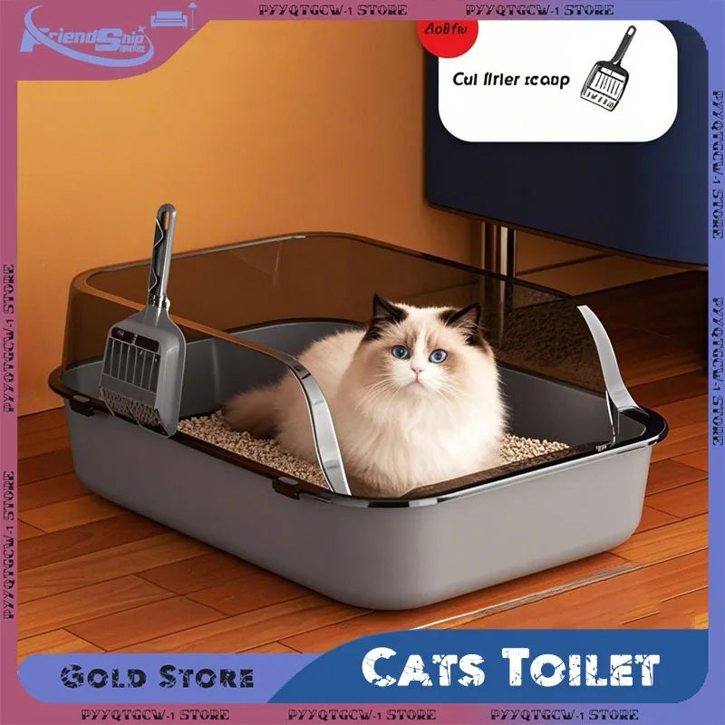 Semi-enclosed cat litter box with scoop, gray base and clear front shield