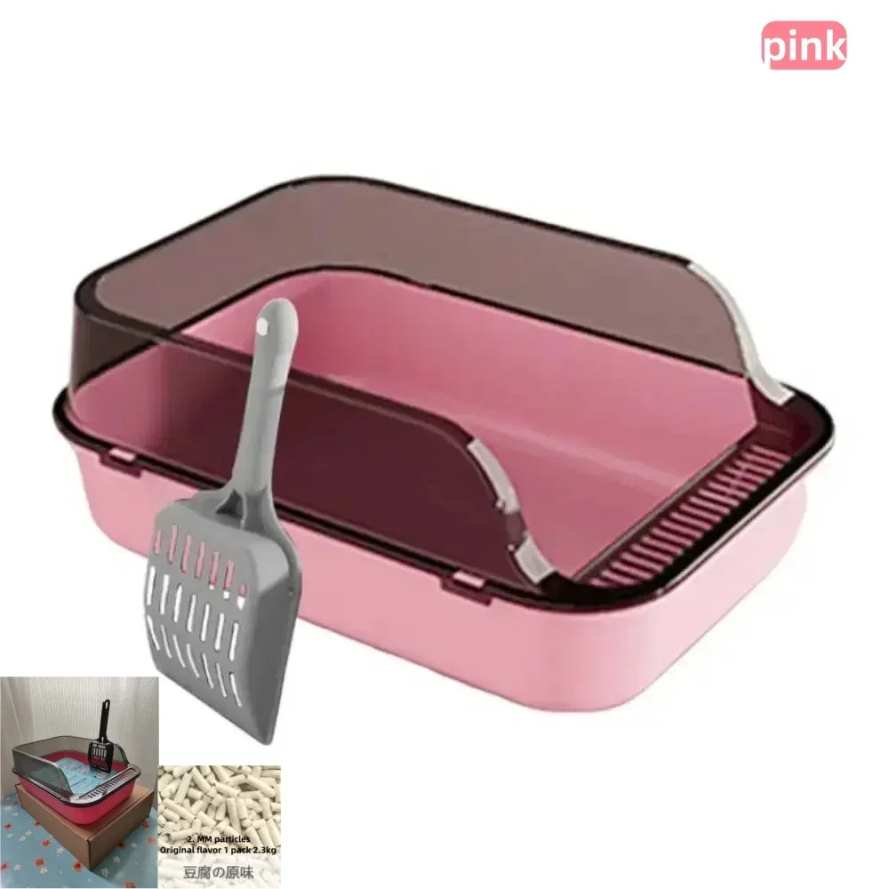 Semi-enclosed cat litter box set, pink with scoop and slotted rake tray (front)