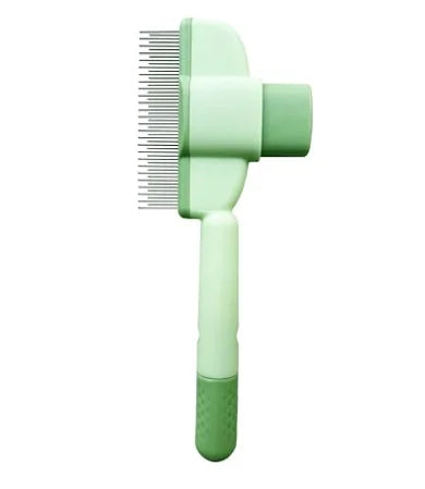 Green pet grooming comb with fine metal teeth and rounded base