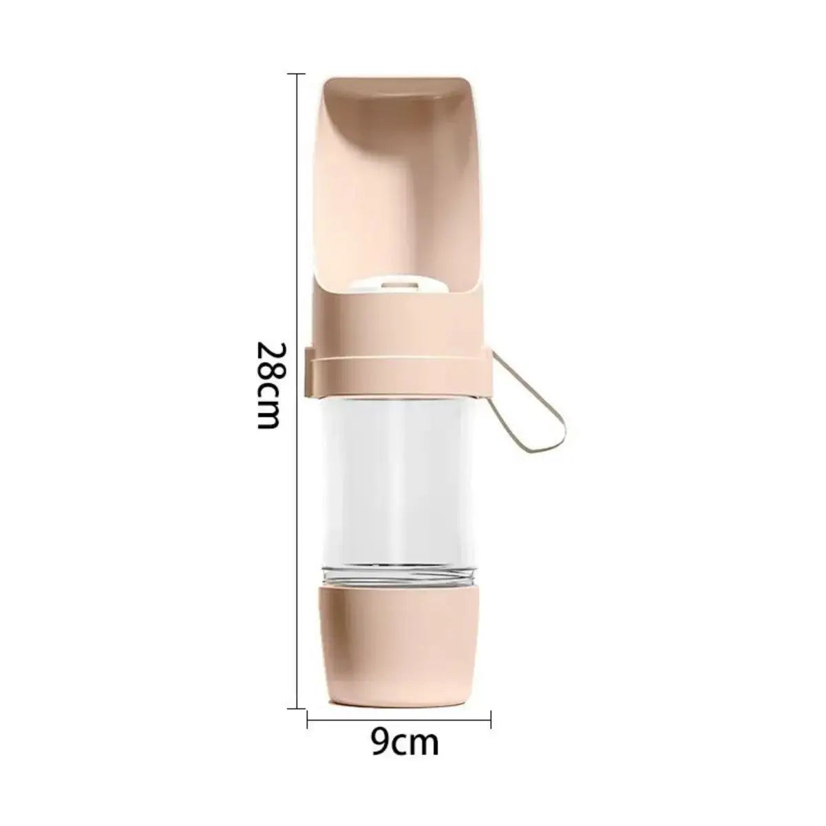 Beige and white pet water and food bottle with flip spout and size measurements