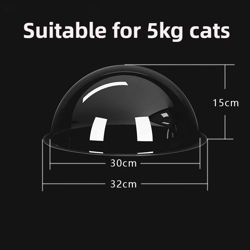Acrylic cat bed with dark domed top and open base, smaller size diagram view