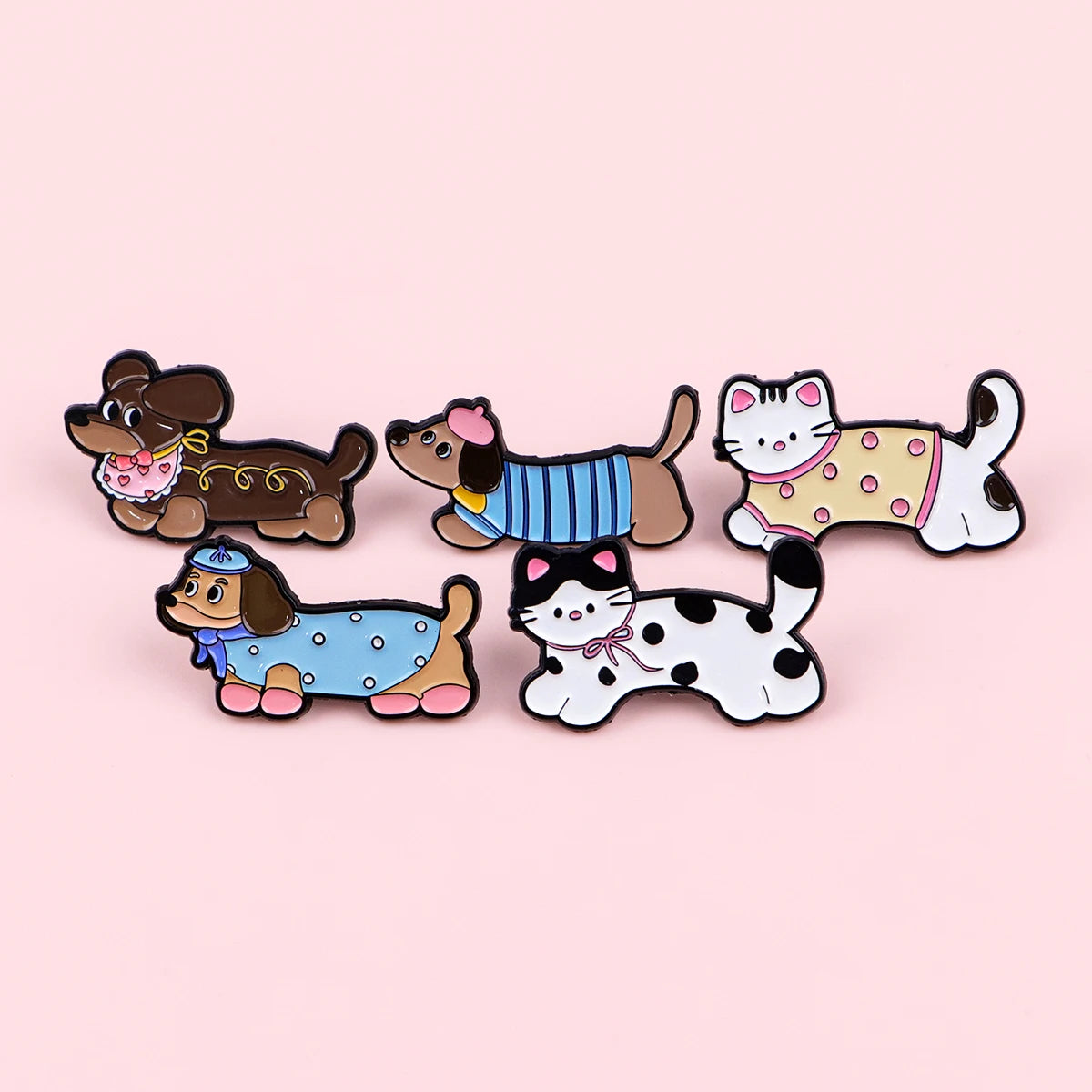 Playful cats & dogs enamel lapel pin set with five cartoon dogs and cats