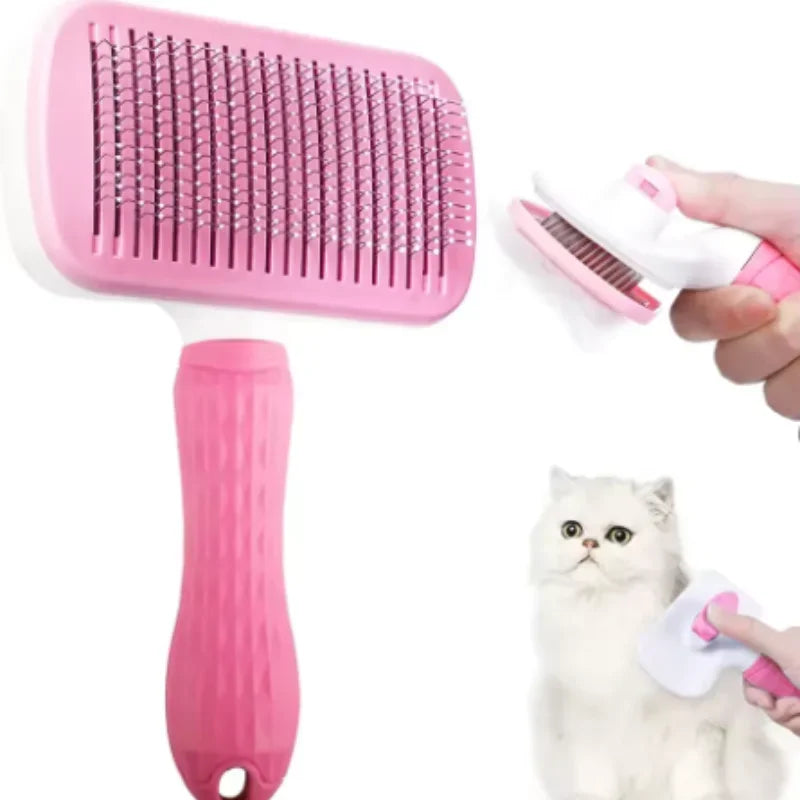 Pink pet grooming comb brush with metal pins and ergonomic handle