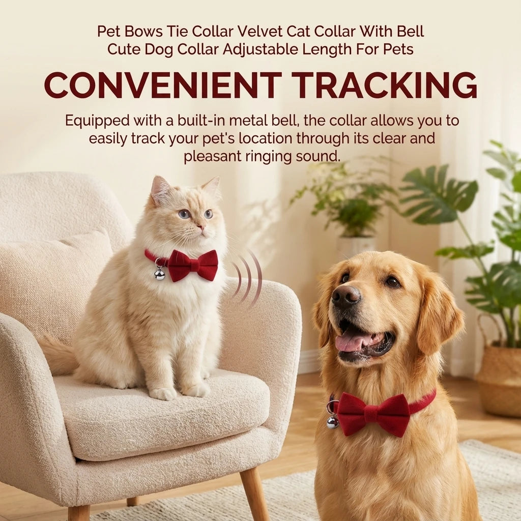 Velvet cat collar with bow tie and bell, red bow on a cat collar