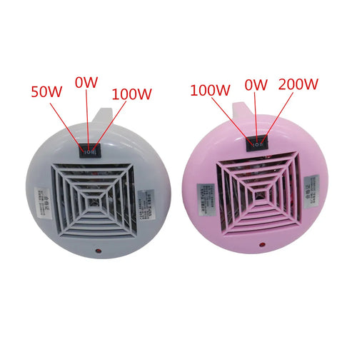 Vented pet heating lamp faces with wattage labels on grey and pink housings