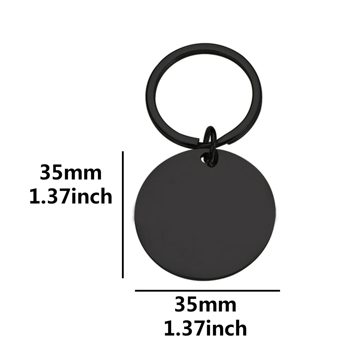 Black round pet ID tag size 35mm, blank surface, with black keyring