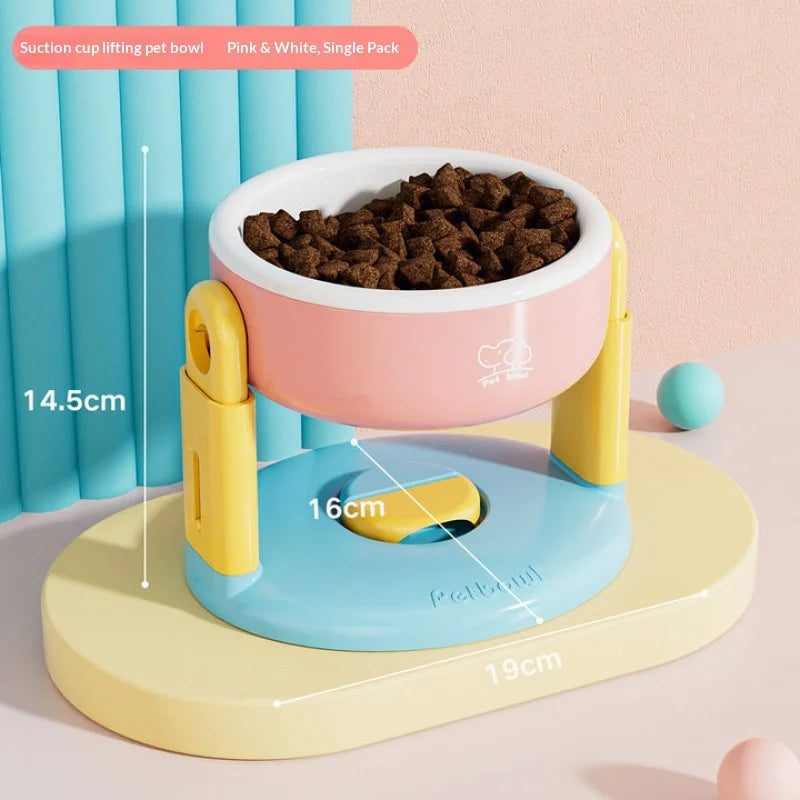 Adjustable height pet bowls set with suction base, pink bowl with light blue stand and yellow legs