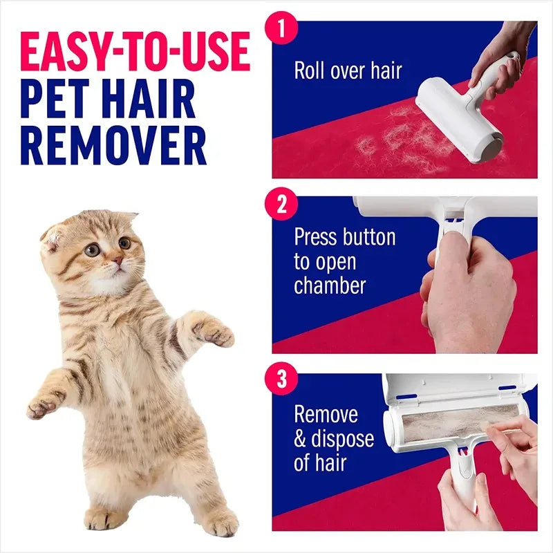 Pet hair remover roller with easy steps and handheld tool for picking up fur