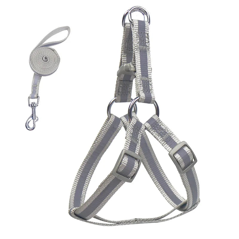 Reflective gray dog harness vest with leash clip and D-ring, small-dog size