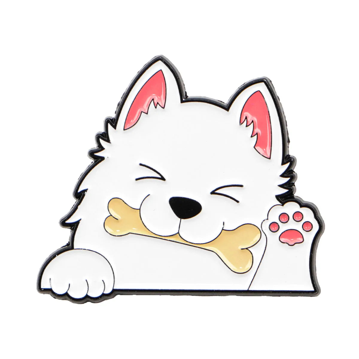 White dog enamel lapel pin with pink ears, closed eyes, and red paw charm