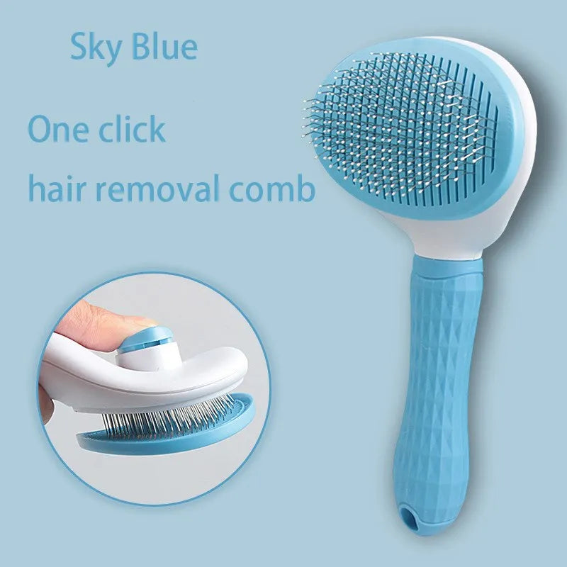 Sky blue pet hair removal comb with round needle pad and textured handle