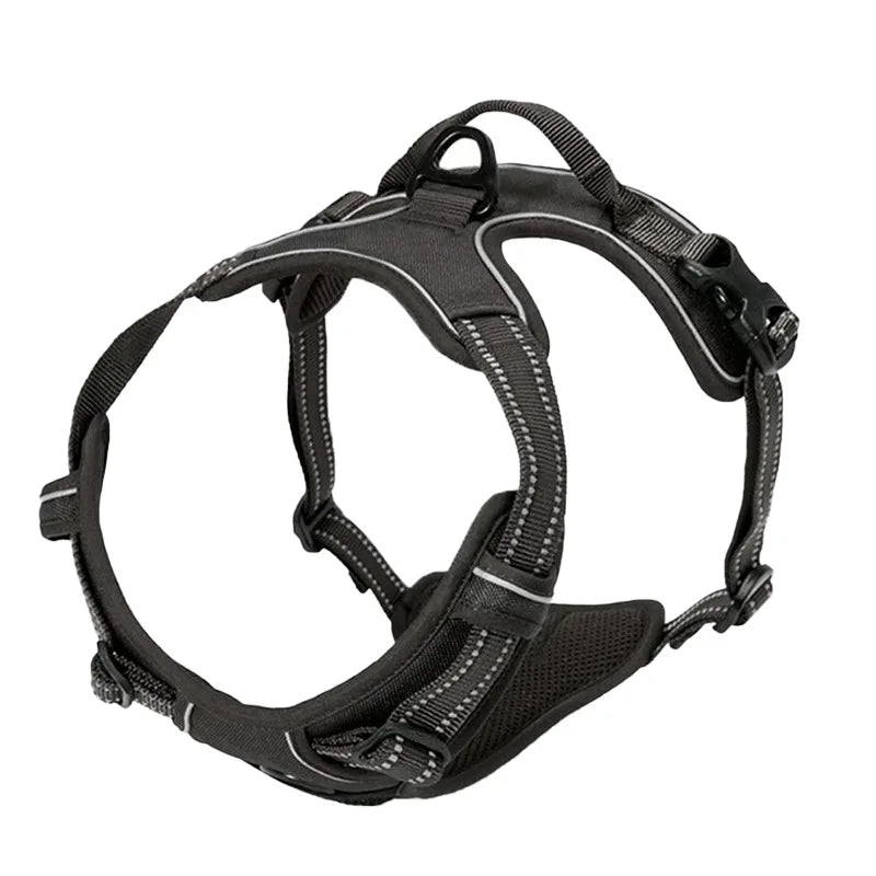 Reflective no-pull dog harness vest, black webbing with padded front and handle