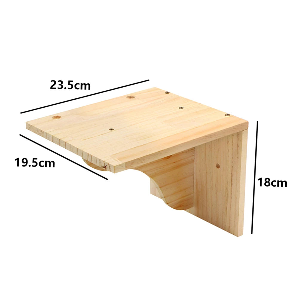 Wall-mounted wooden cat perch shelf with curved front lip, top view