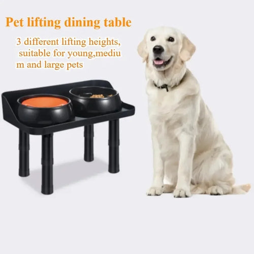 Black raised dog bowl stand with two bowls on height-adjustable legs