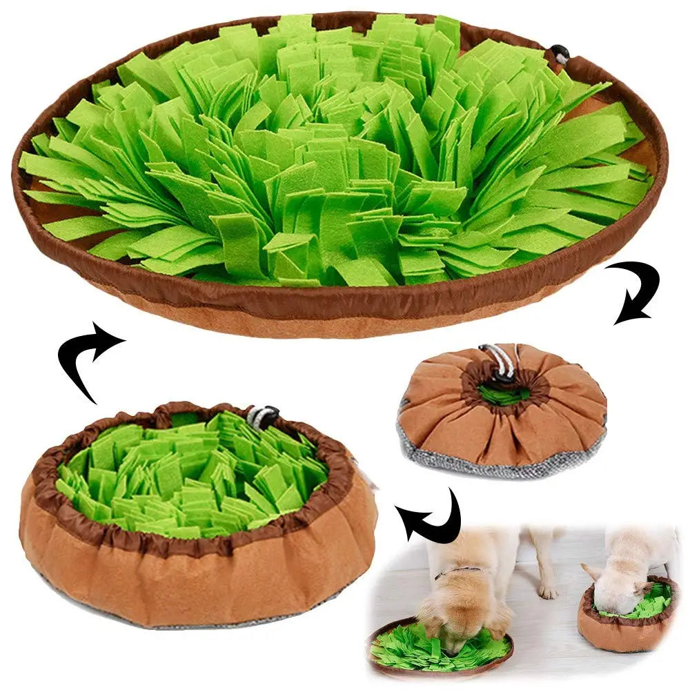 Pet snuffle mat with green fleece strips and brown fabric rim for foraging