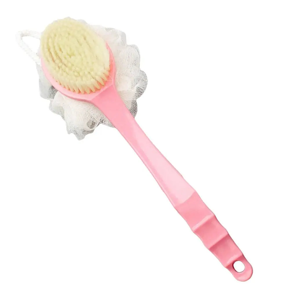 Pink long-handled shower brush with round soft bristle head