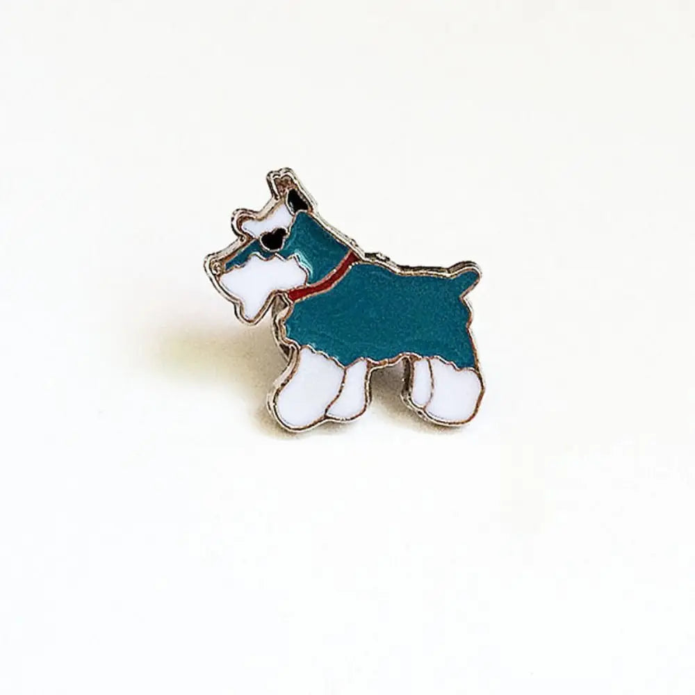 Cartoon dog enamel pin with blue body, white paws, and brown ears