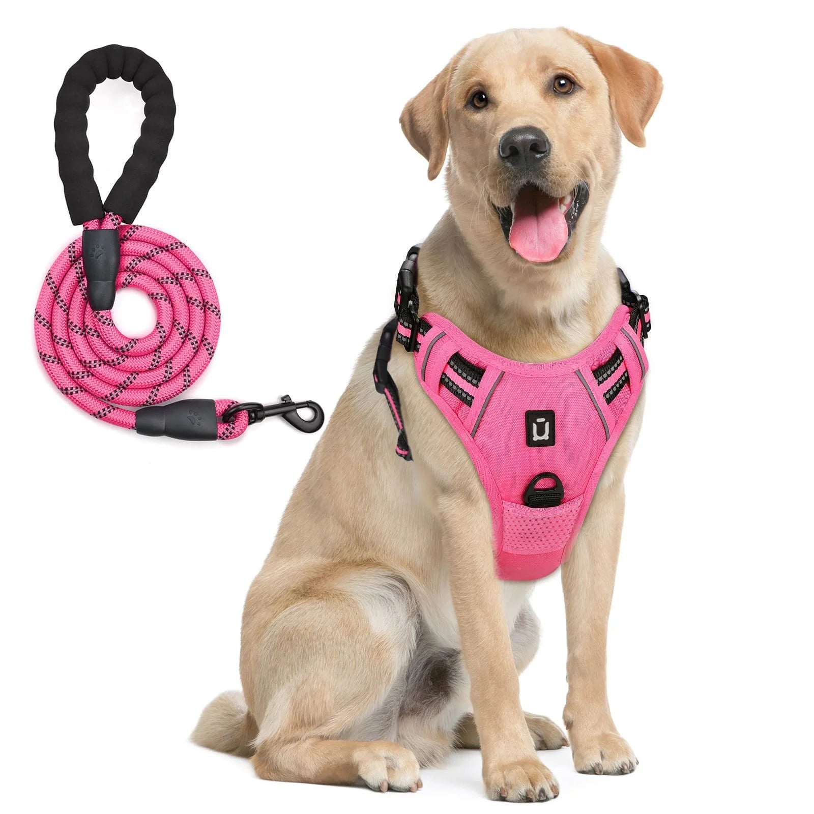 Pink dog harness with matching leash set, reflective no-pull chest strap