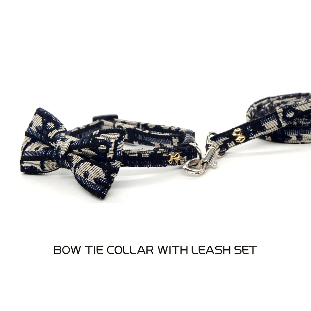 Bow-tie collar and leash set with metal rings, navy and cream patterned fabric