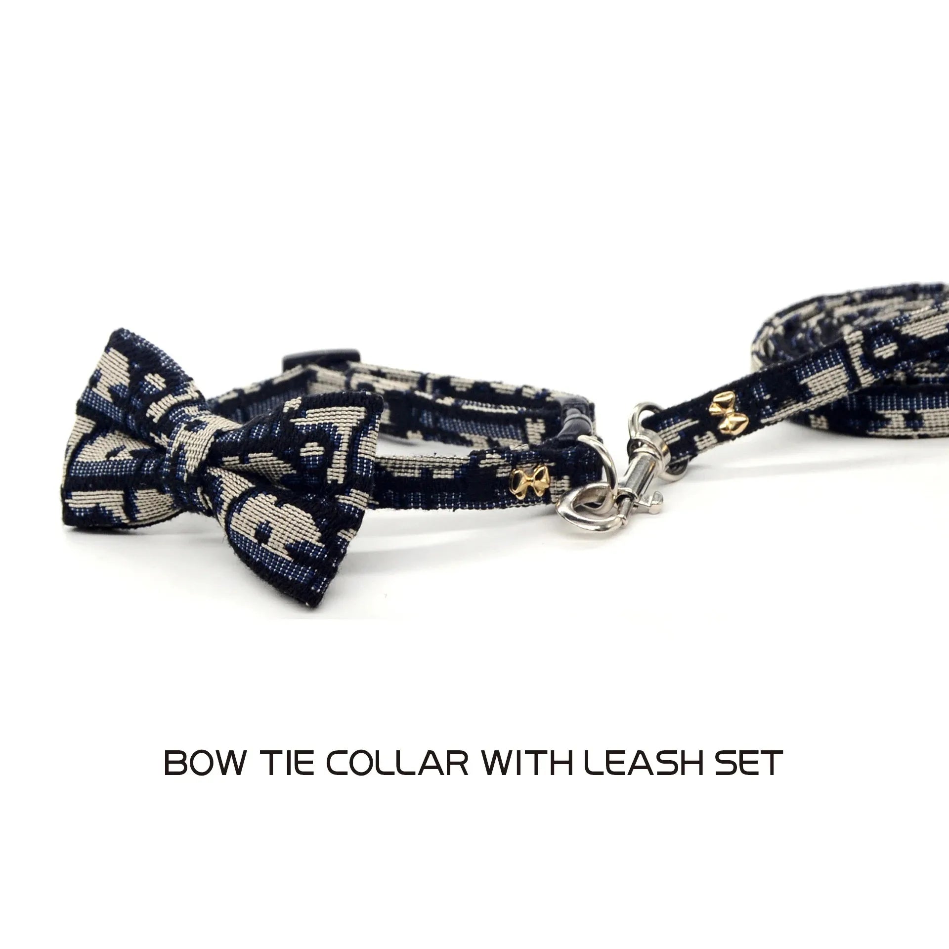 Bow-tie collar and leash set with metal rings, navy and cream patterned fabric