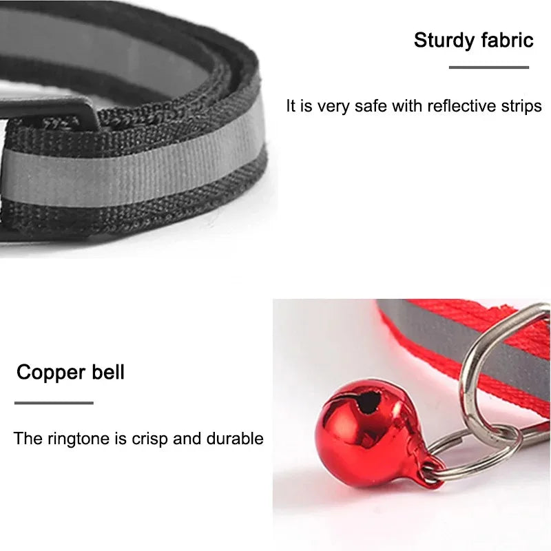 Cat collar with copper bell and reflective fabric strap, black paw buckle detail