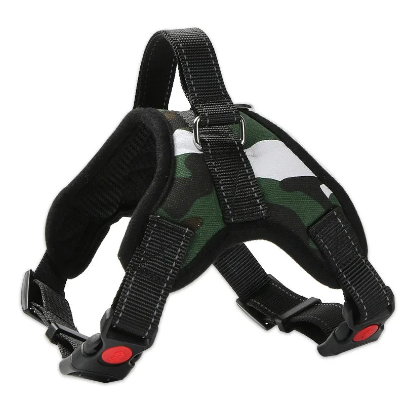 Green and black camouflage dog harness vest with adjustable straps