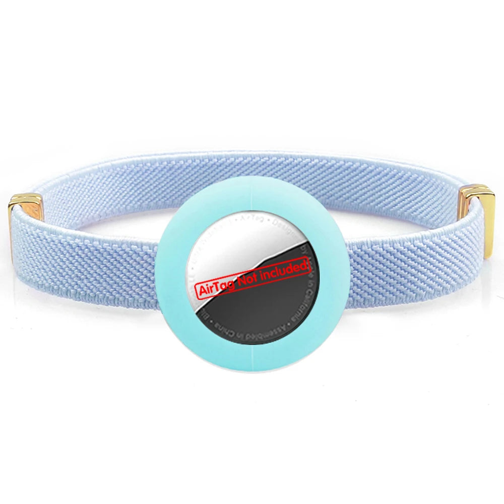 Light blue safety breakaway cat collar with round light blue AirTag holder
