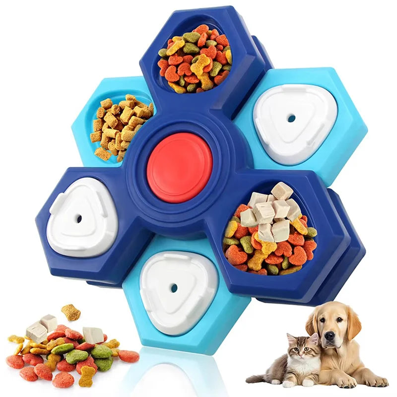 Non-slip slow feeder puzzle bowl, blue star with red center and white hinged lids