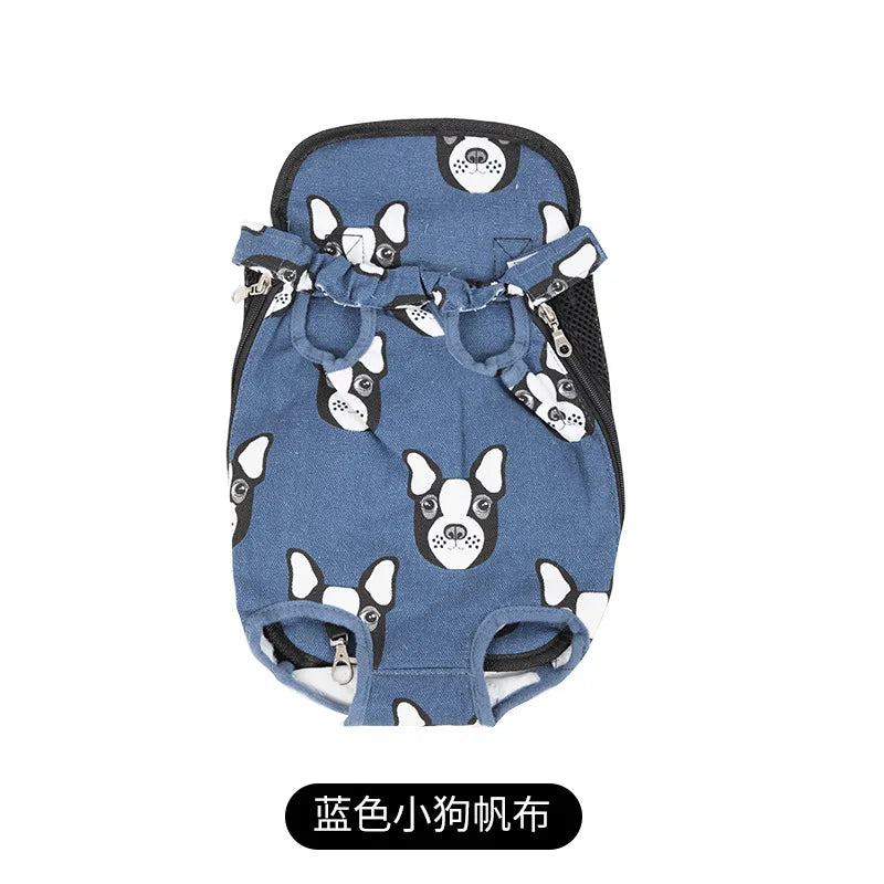 Blue pet backpack with cartoon dog print and front leg openings