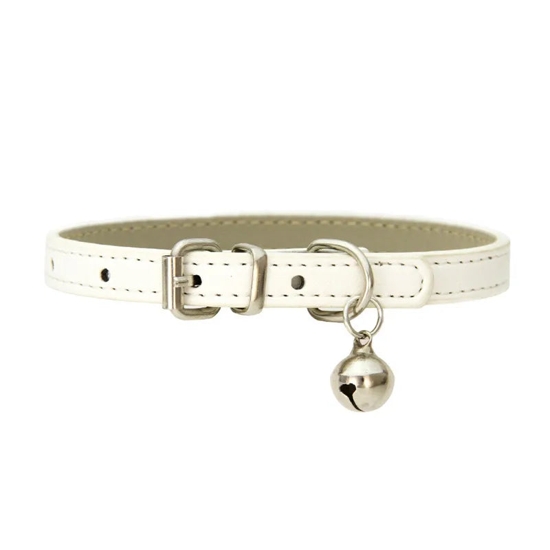 Cute Faux Leather Cat Collar Adjustable Bell Solid Color