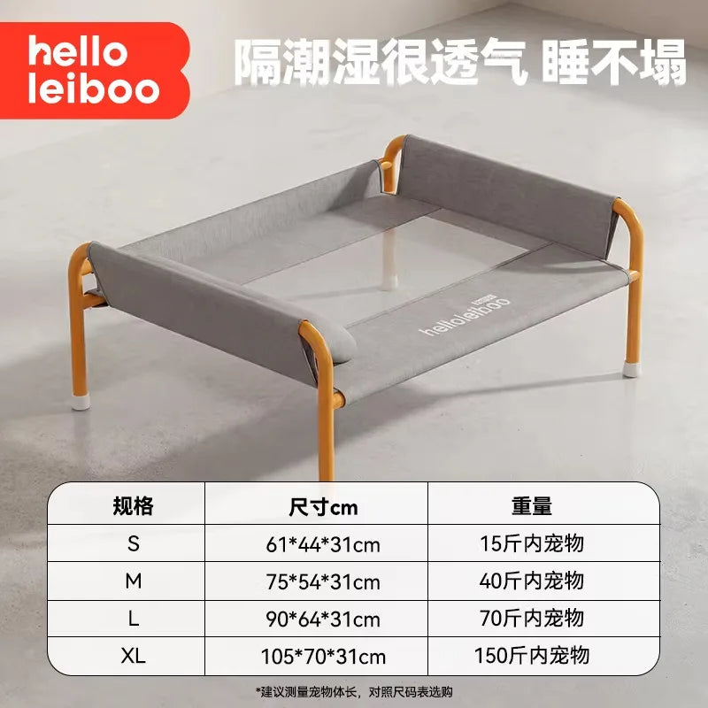 Raised dog sofa bed in grey with orange frame, foldable elevated pet cot