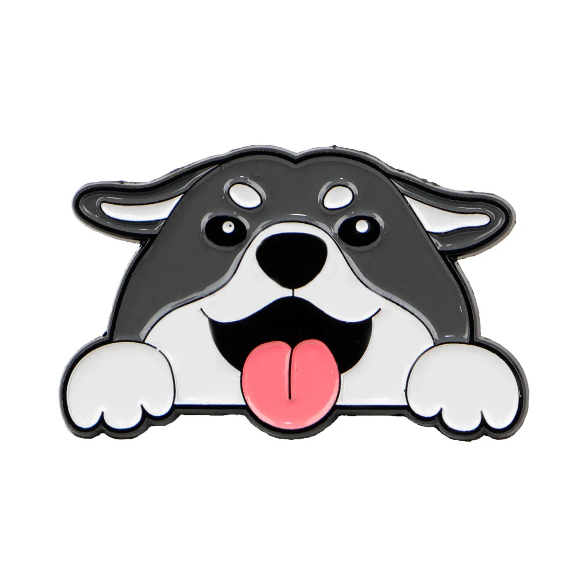 Black dog enamel lapel pin with pink tongue and paw-print charm