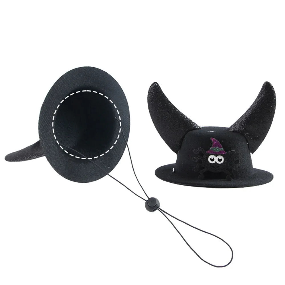 Black felt pet witch-horn hat with stitched face and bow, plus chin strap