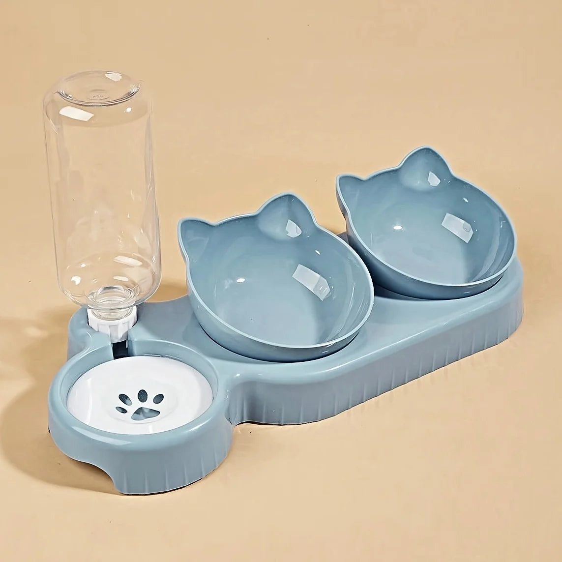 Light blue 3-in-1 cat feeder set with two bowl wells and gravity water bottle