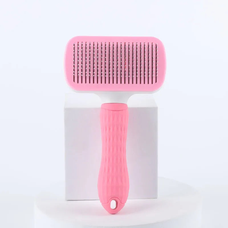 Self-cleaning pet hair remover dematting comb, pink square needle brush head and handle