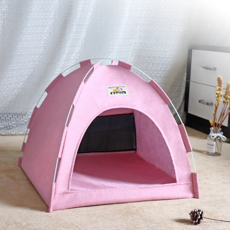 Pink cat tent house nest with open front and padded rope trim